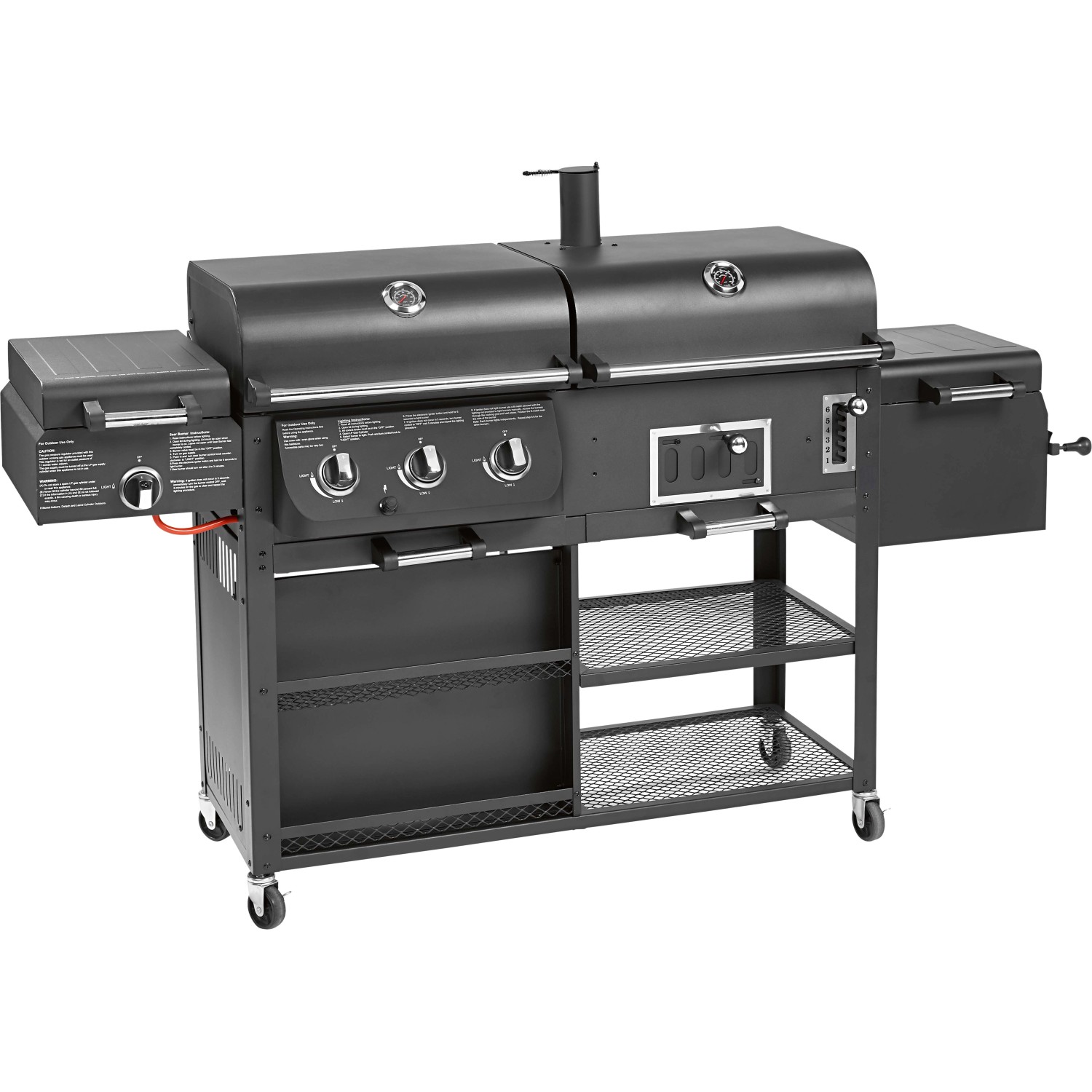 Jamestown Kombigrill Drake: Holzkohle-, Gasgrill und Smoker in einem Gerät mit Ablageflächen und Rädern.