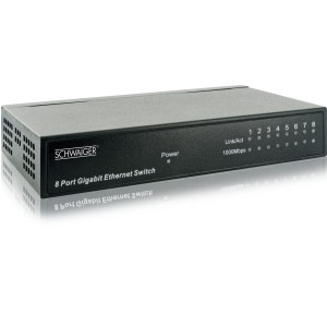 Schwarzer Schwaiger 8-Port Gigabit Netzwerk-Switch für schnelle Datenübertragung im Netzwerk.