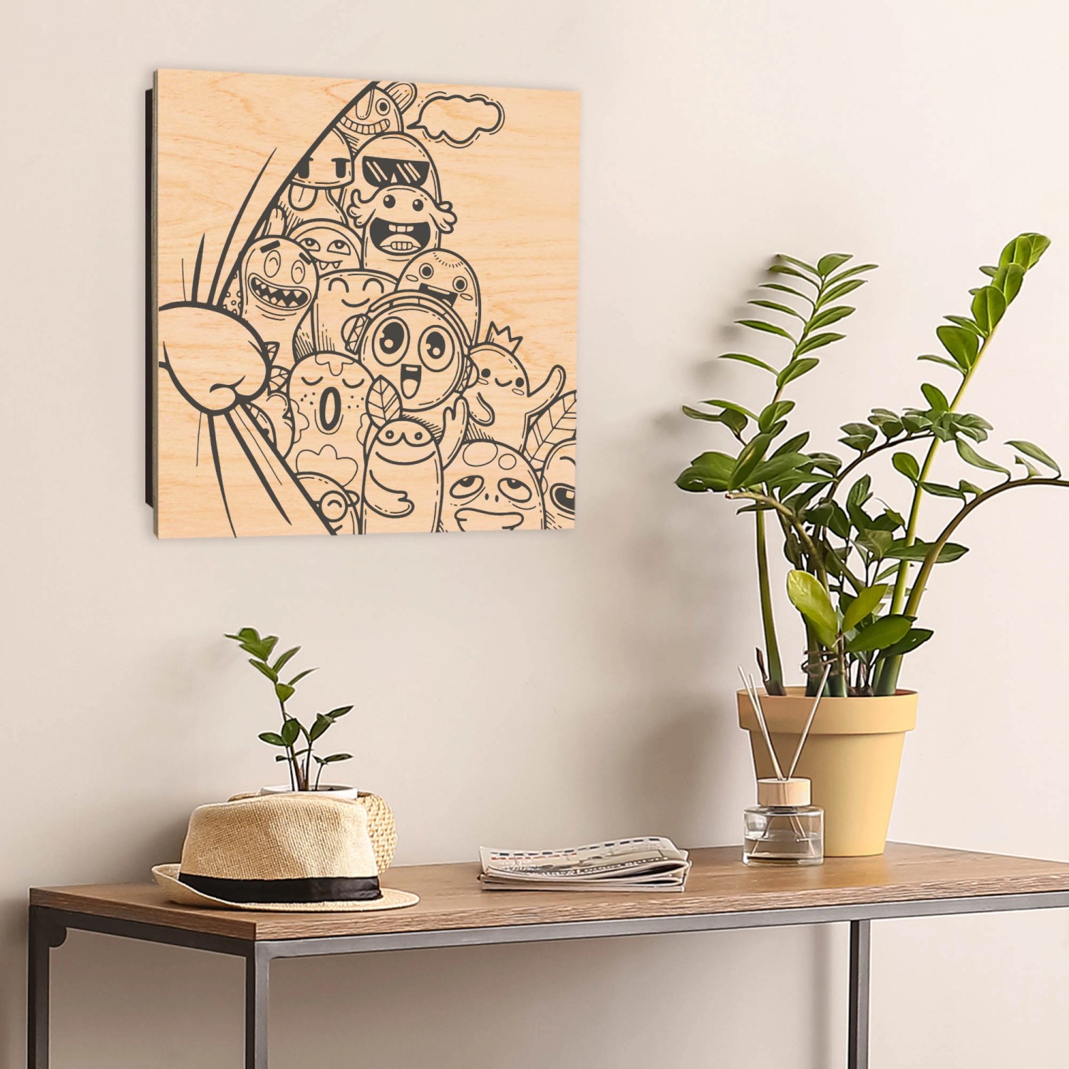 Banjado Schlüsselkasten Holz, 30x30cm, Motiv Monsterparty, 50 Haken zur Schlüsselaufbewahrung.