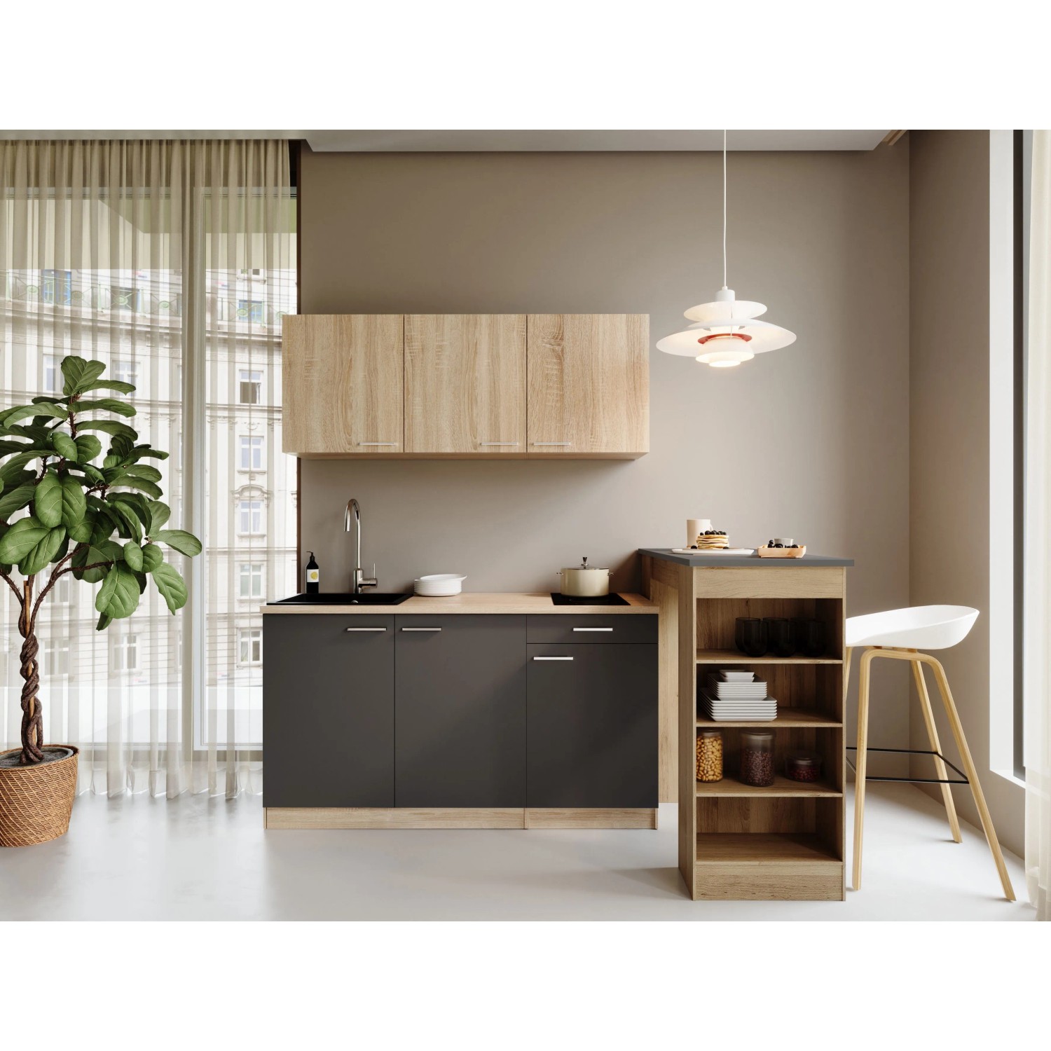 Respekta Ingrid Singleküche 150 cm Grau mit Bartisch