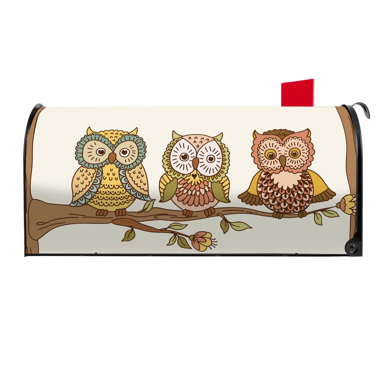 Schwarzer Banjado Briefkasten mit Eulen Motiv auf einem Ast, US Mailbox.