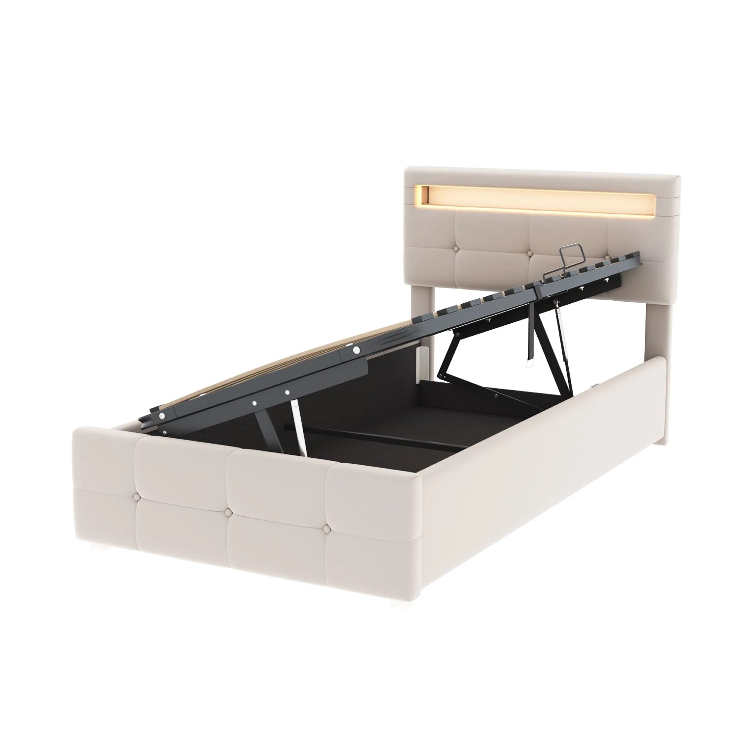 Merax Kinderbett 90x200cm LED Hydraulik Stauraum Samt Beige