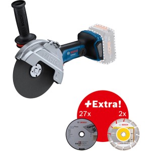 Bosch Professional Akku-Winkelschleifer GWS 18V-180 PC mit Zubehör und Schleifscheiben.