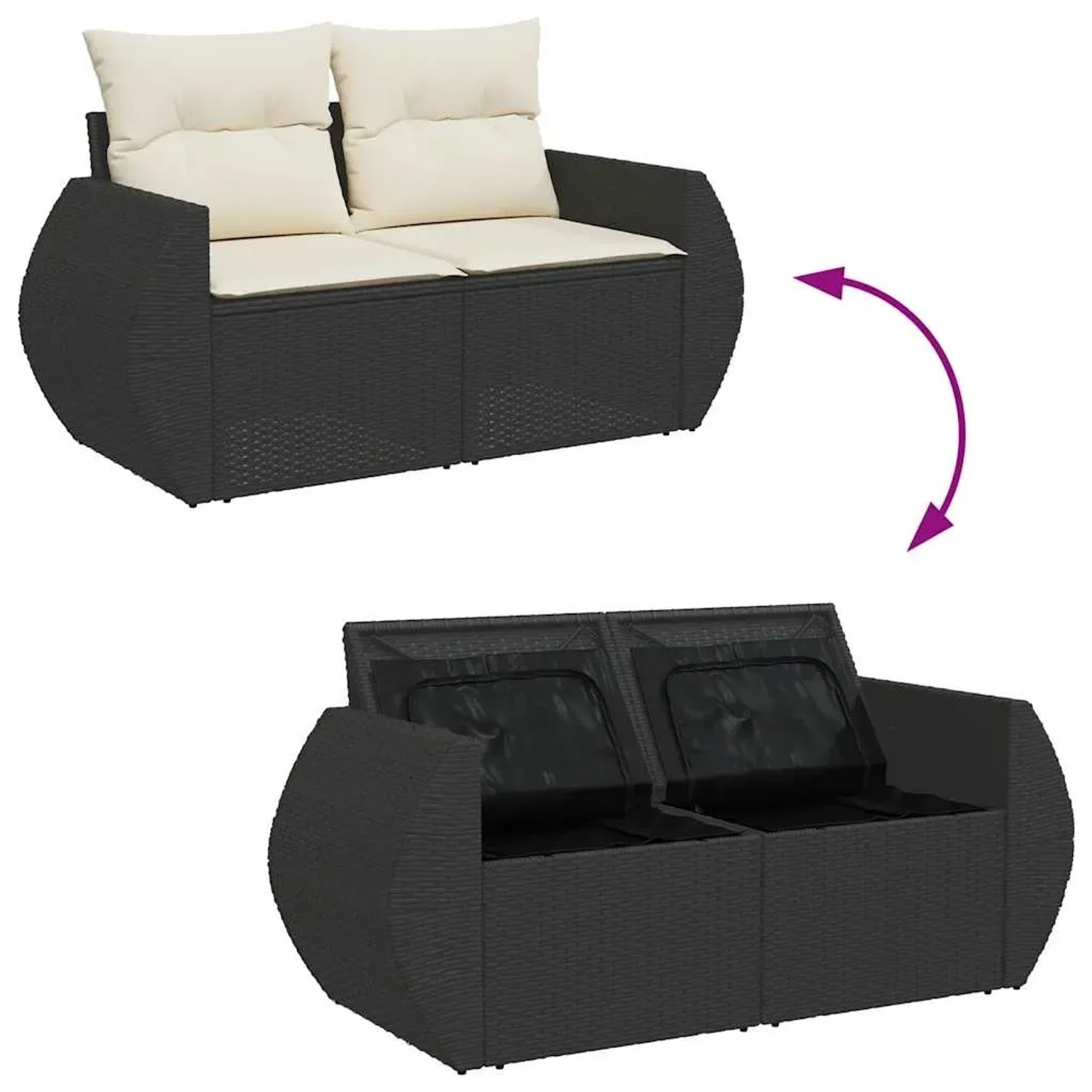 vidaXL 8-tlg. Garten-Sofagarnitur aus schwarzem Rattan mit Kissen und Stauraum.