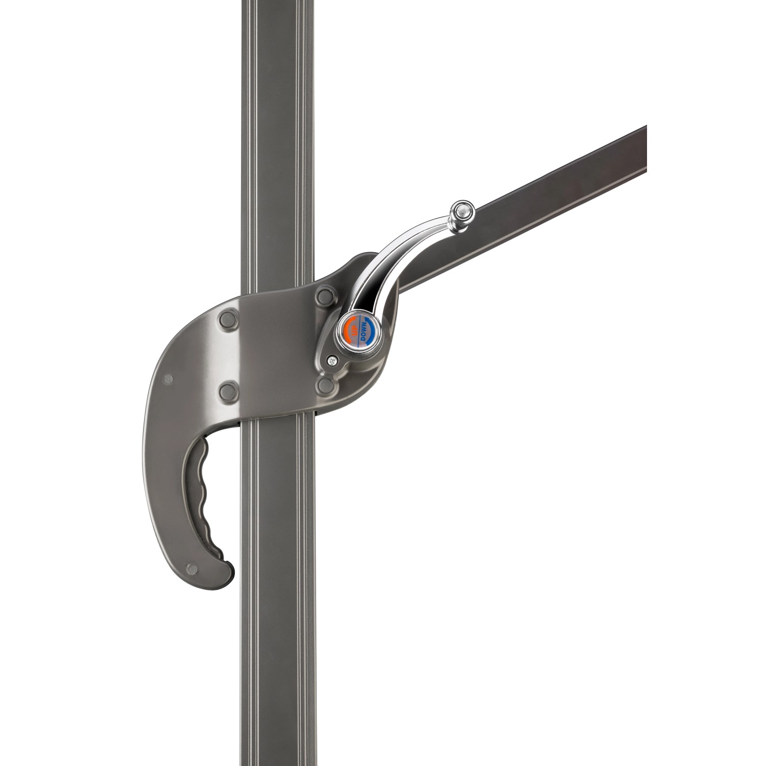 Detailaufnahme: Kurbelmechanismus des Schneider Ampelschirm 300x230 cm, zur einfachen Bedienung.