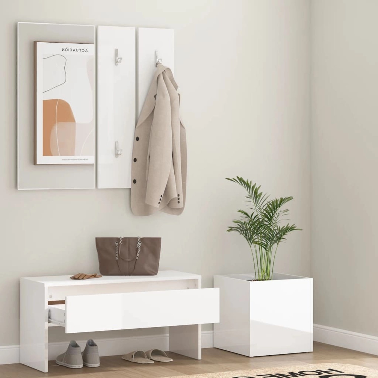 vidaXL Flurmöbel-Set in Hochglanz-Weiß mit Bank, Spiegel, Garderobe und Pflanzgefäß.