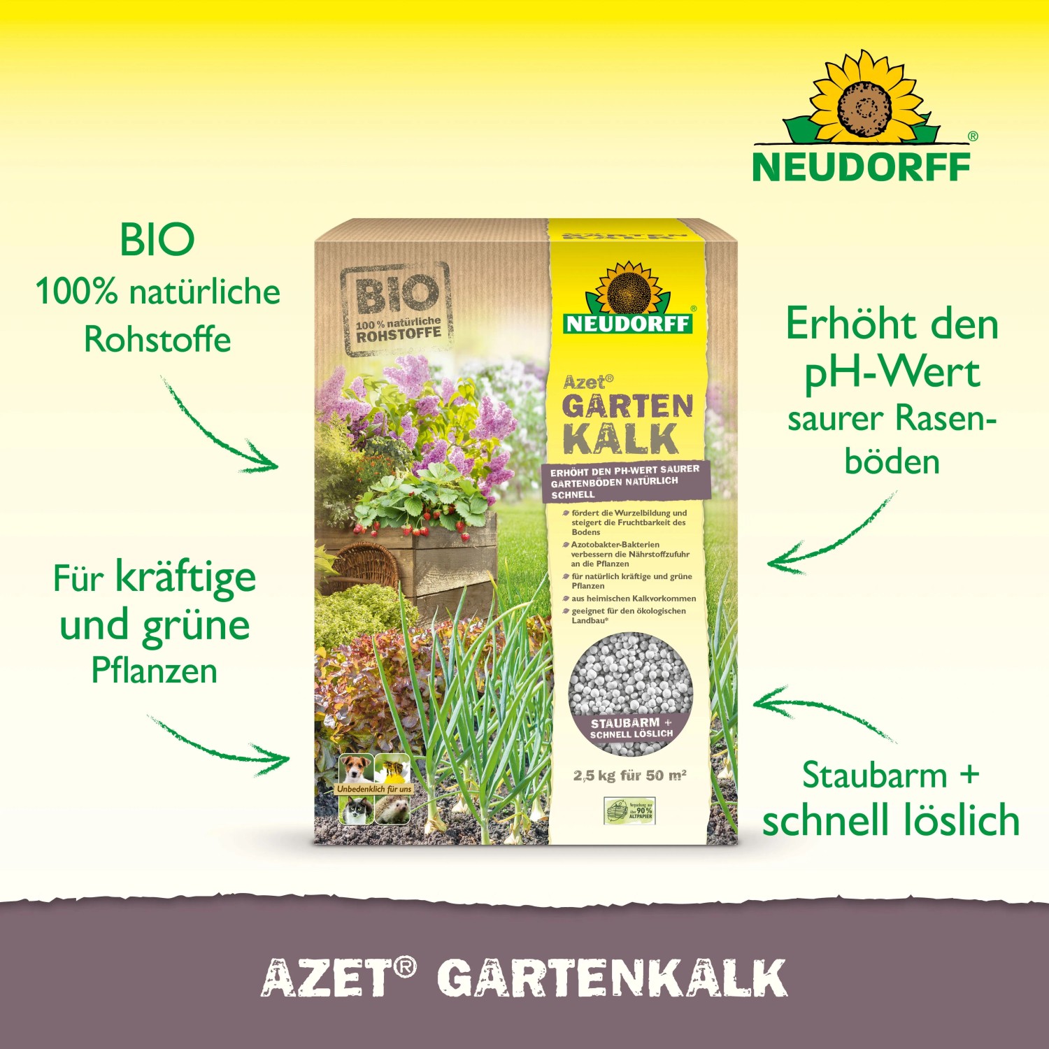 Neudorff Azet Gartenkalk 2,5 kg Packung. Erhöht pH-Wert für Rasen & Pflanzen, staubarm, schnell löslich.