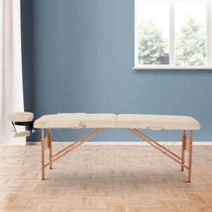 Cremeweißer Massagetisch aus Buchenholz, faltbar & höhenverstellbar. Komfortable Massageliege mit Kunstleder.