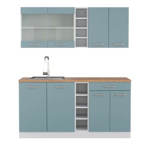 Vicco R-Line Singleküche, 160 cm, blau-graue Fronten, Eiche Arbeitsplatte. Küchenzeile mit Spüle.