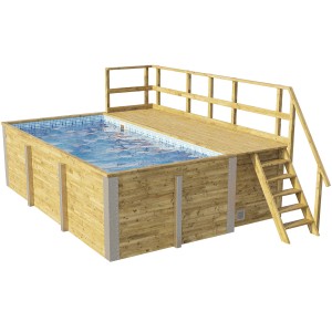 Weka Holzpool mit Sonnendeck, Mosaikfolie blau, Leiter und Filteranlage.
