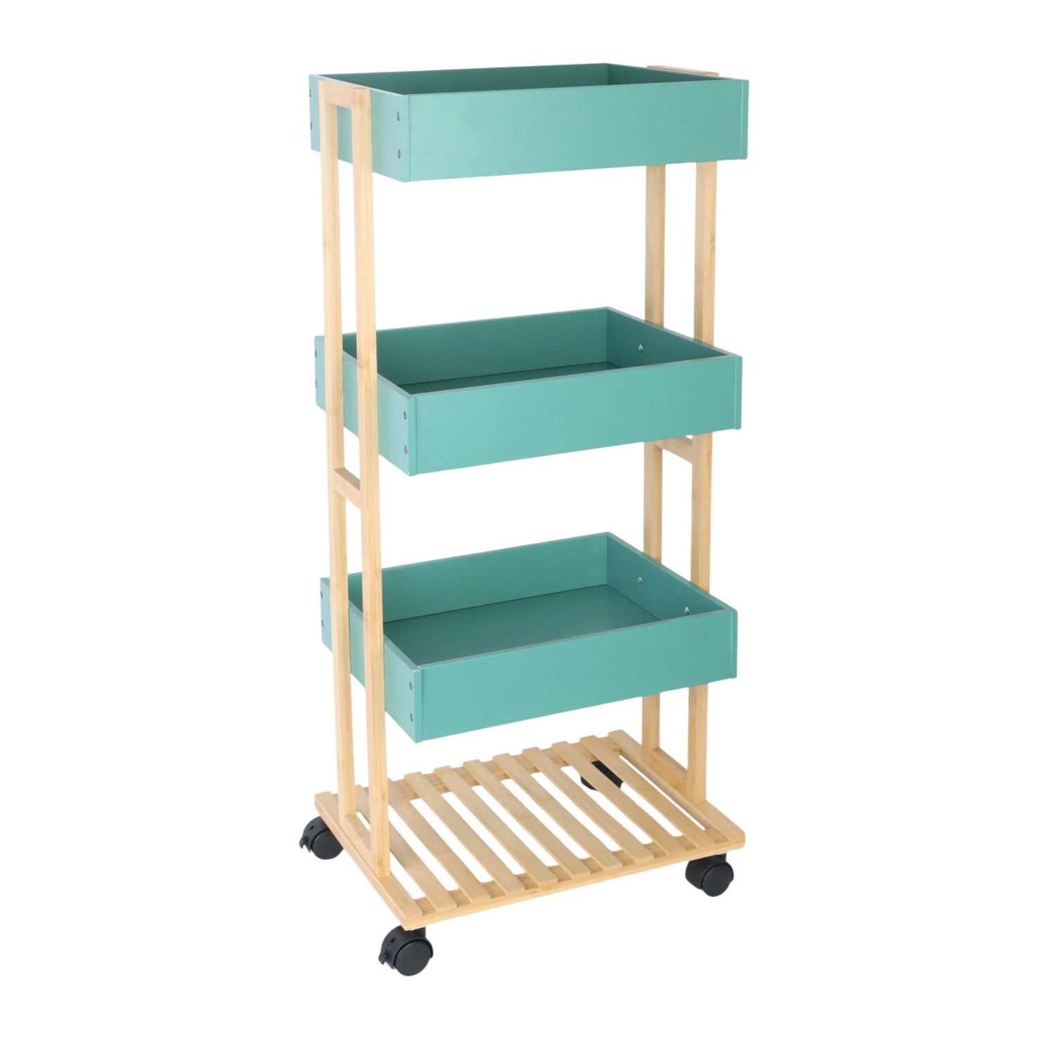 Relaxdays Servierwagen Bambus MDF Kunststoff Natur Mint 4 Etagen mit Bremsen 88 cm x 40 cm x 30 cm 4 kg