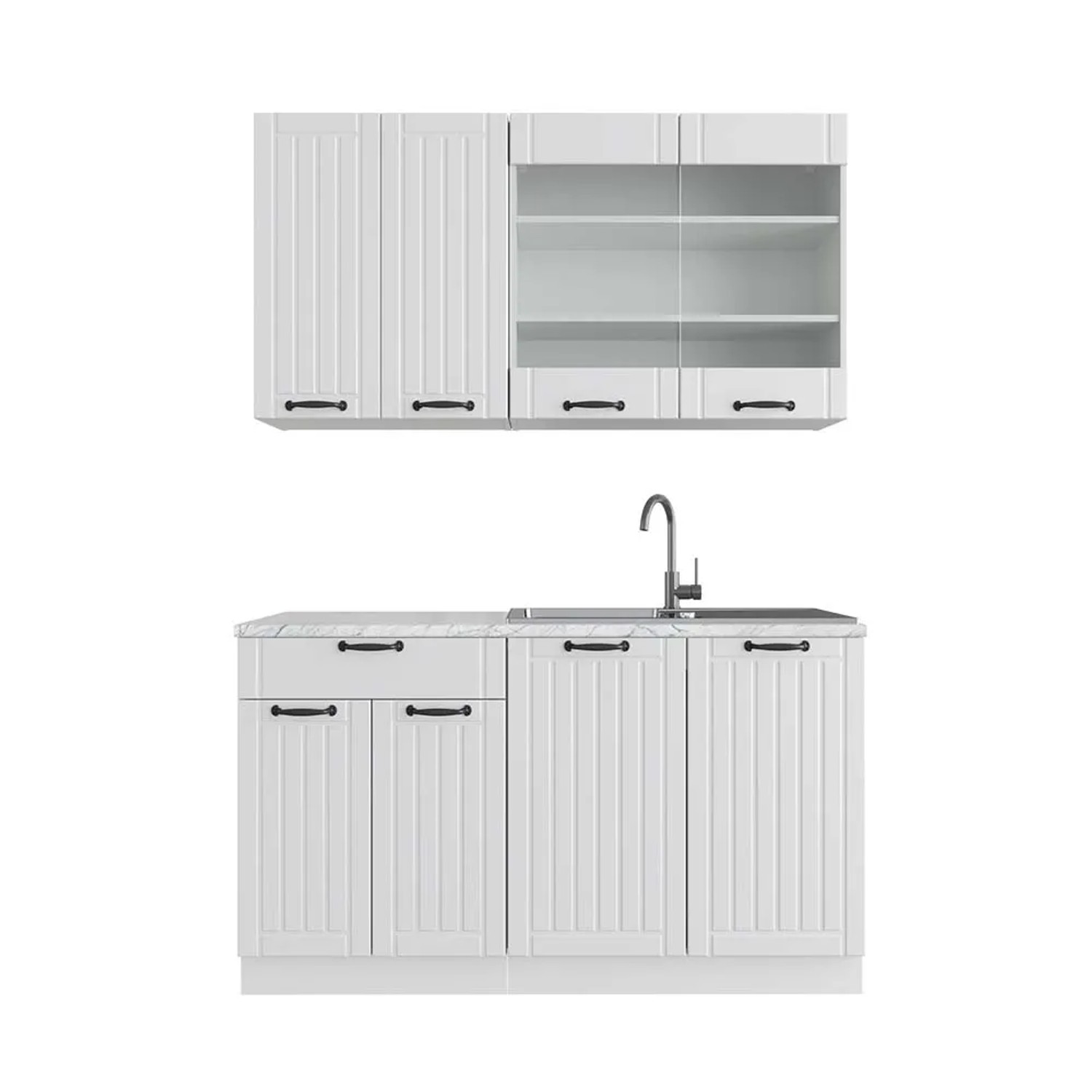 Vicco Fame-Line Singleküche Weiß Landhaus/Weiß 140 cm AP Marmor ohne E-Geräte