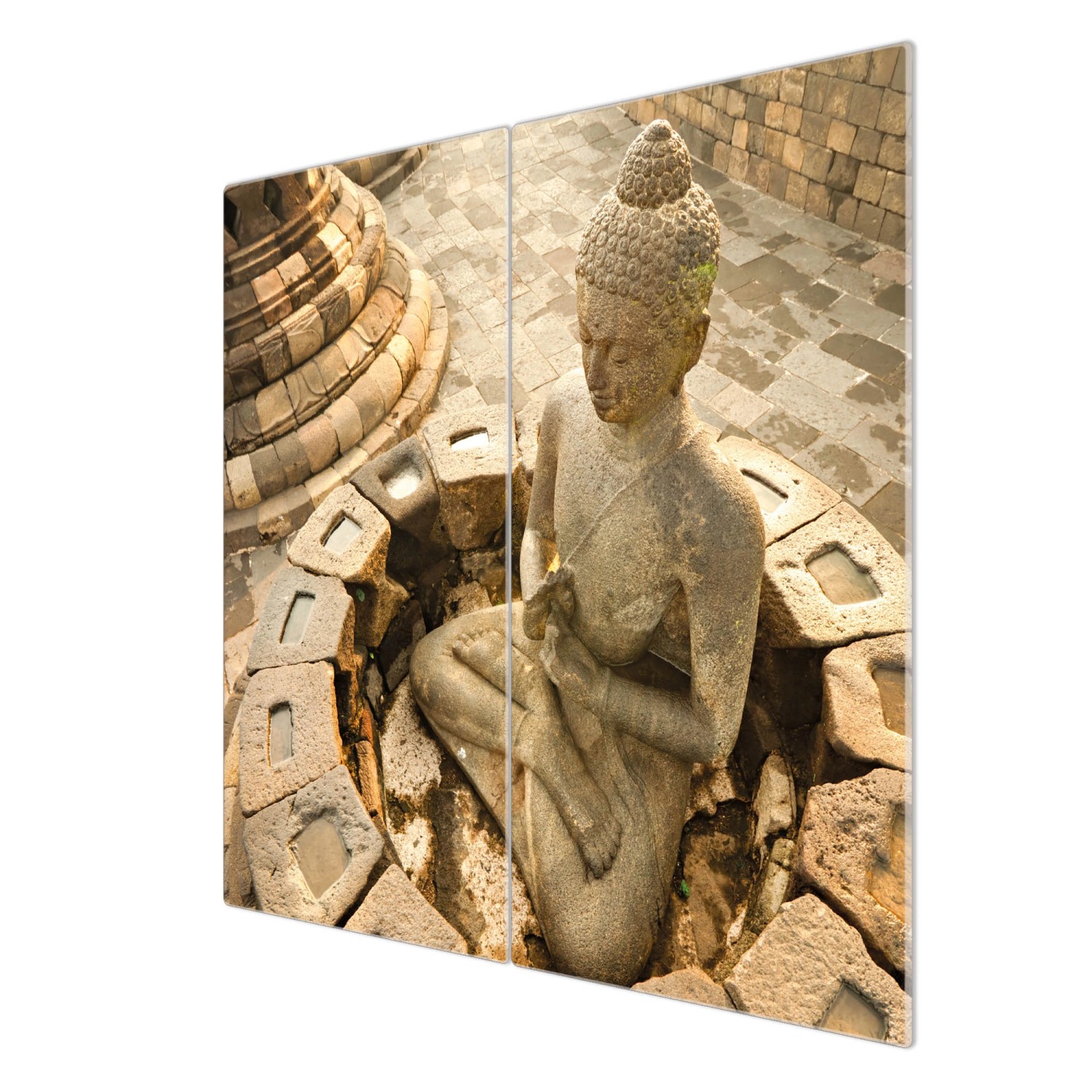 Banjado Herdabdeckplatte 2-teilig mit Buddha-Motiv, auch als Schneidebrett nutzbar.