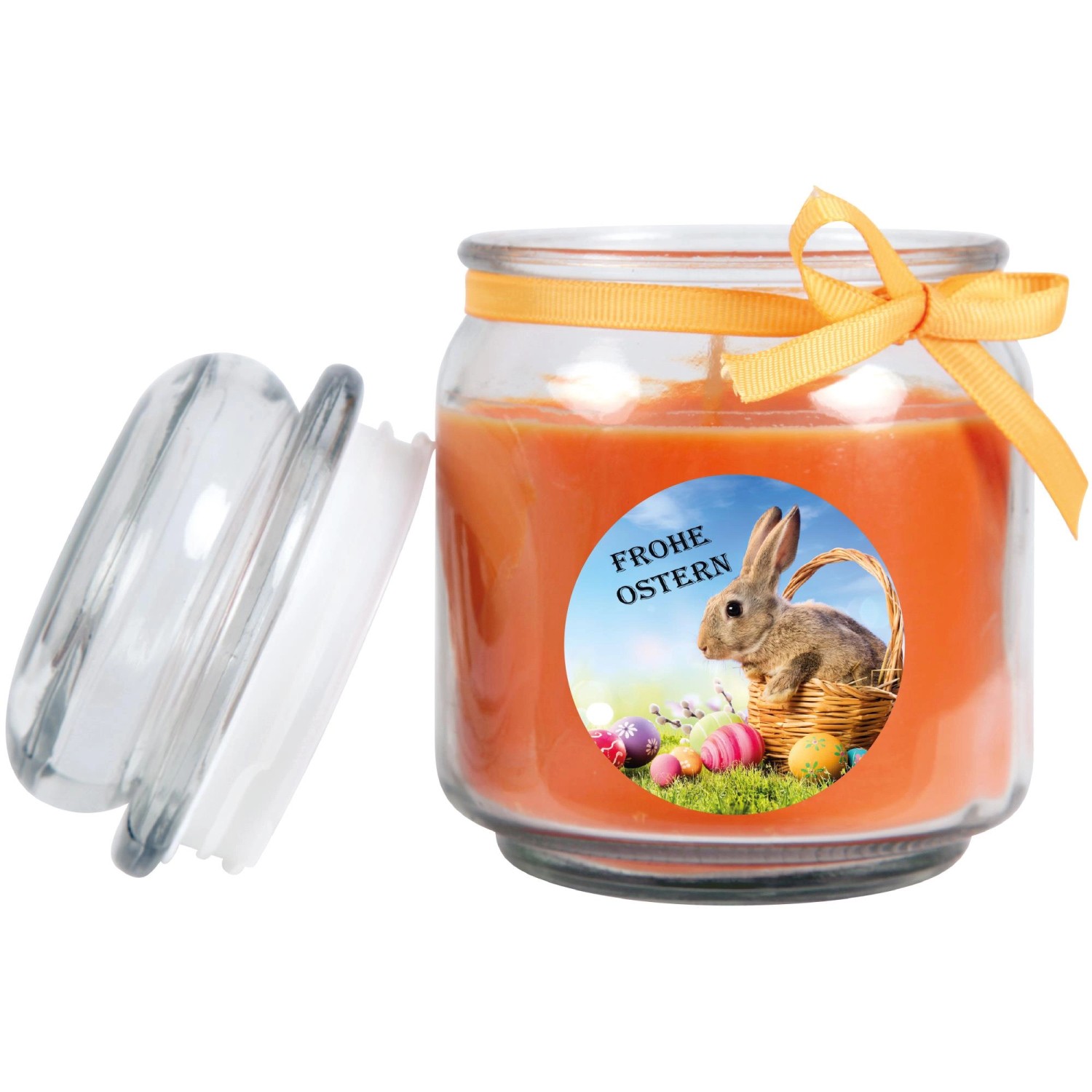Orange Duftkerze im Glas mit Osterhase und Schleife, 70h Brenndauer.