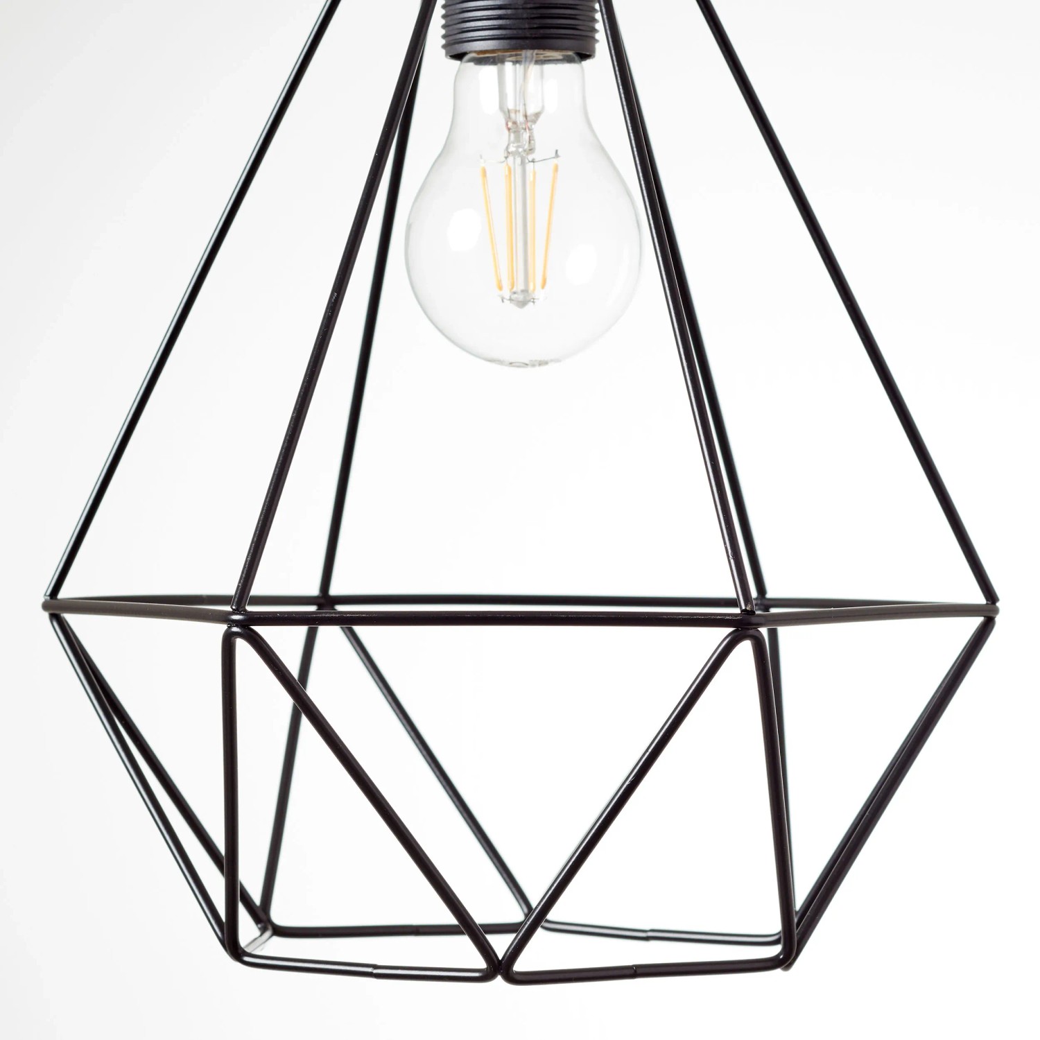 Schwarze Pendelleuchte Drewno mit E27 Fassung und geometrischem Lampenschirm.