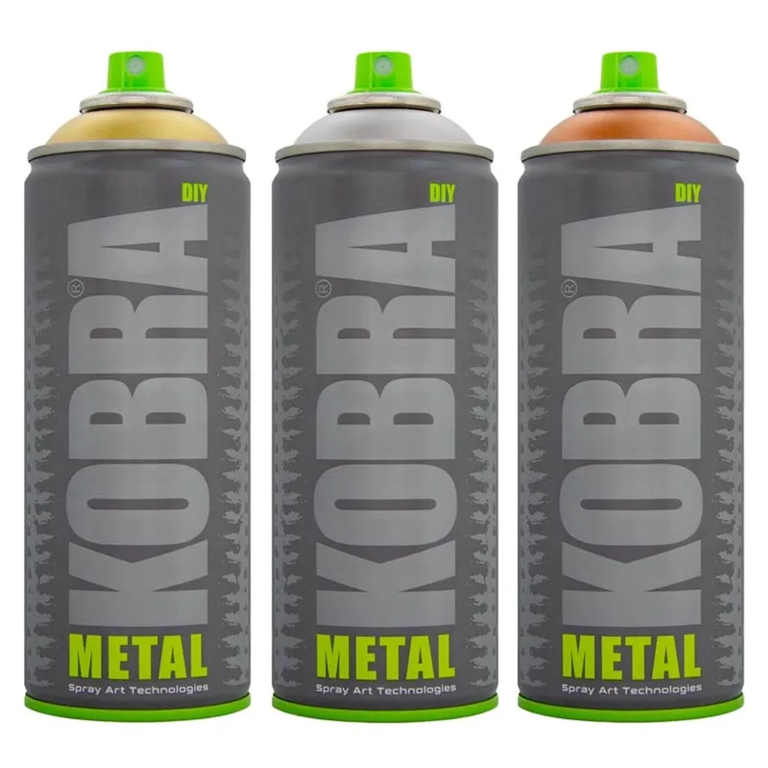 Drei Kobra DIY Metallic Sprays 400ml in Gold, Silber und Kupfer. Buntlack-Spray für DIY-Projekte.