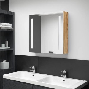 Moderner vidaXL LED-Bad-Spiegelschrank Eichenoptik mit 2 Spiegeltüren und integrierter Beleuchtung über Doppelwaschbecken.