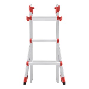Hailo Alu-Multifunktionsleiter M80, Aluminium, als Stehleiter aufgebaut, mit roten Details.