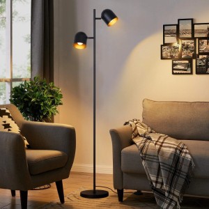 NETTLIFE Stehlampe schwarz-gold aus Metall mit 2 Leuchten im Vintage-Industrie-Stil für Wohnzimmer.