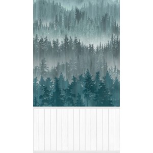 A.S. Création Vliestapete Wallpanel Wald Blau mit Waldmotiv und weißer Holzpaneel-Optik.