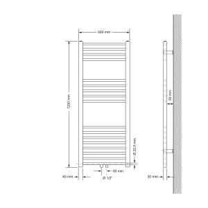 Technische Zeichnung: Weißer LuxeBath Badheizkörper, 500x1200 mm, gerade, mit Mittelanschluss. Abmessungen.
