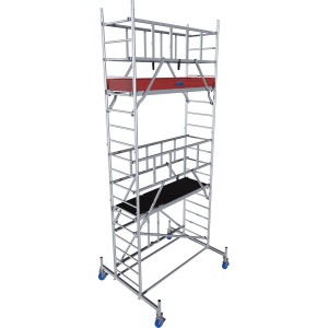 Krause Alu-Fahrgerüst ProTec XS mit zwei Arbeitsbühnen und Rollen, Arbeitshöhe 5,8 m.