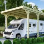 Karibu Caravan Carport mit Wohnmobil. Holzcarport mit 350 cm Durchfahrtshöhe.