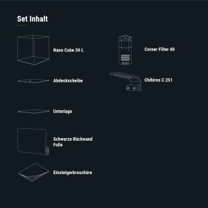 Bestandteile Dennerle Mini-Aquarium Set Nano Cube 30l: Cube, Filter, LED, Abdeckung, Unterlage, Folie, Broschüre.