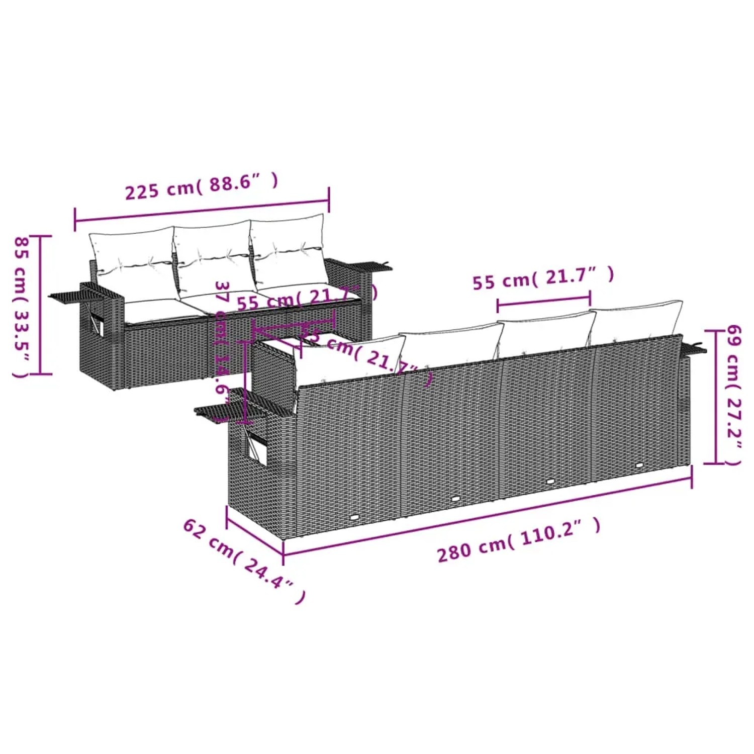 vidaXL 8-Tlg. Garten-Sofagarnitur aus schwarzem Rattan mit Kissen, Maße eingezeichnet.