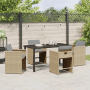 5-teiliges Garten-Ess-Set aus beigem Poly Rattan mit Tisch und Stühlen inklusive Kissen.