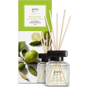 ipuro ESSENTIALS Lime Light Raumduft 50ml mit Duftstäbchen und Verpackung.