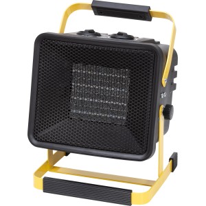 Keramikheizer Elvdal 2 KW: Kompakter, schwarzer Elektroheizer mit gelbem Rahmen und Tragegriff.