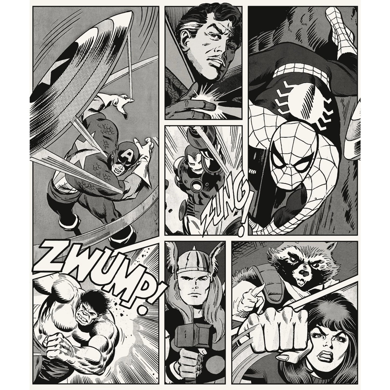 Komar Vinyl-Fototapete Marvel Classic Comic 212 cm x 250 cm Schwarz - Weiß günstig online kaufen