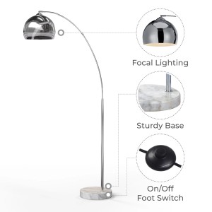 Teamson Home Bogenlampe in Chrom-Silber. Stilvolle Deckenfluter für Wohnräume mit Marmorfuss.