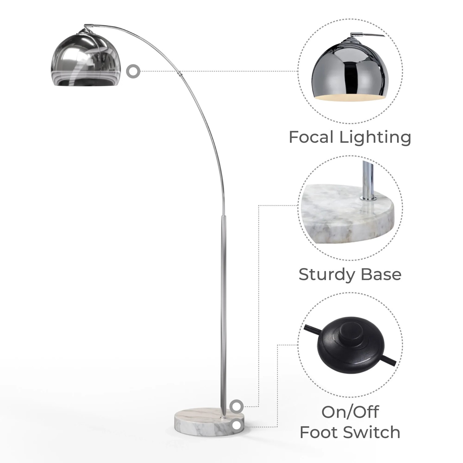 Teamson Home Bogenlampe in Chrom-Silber. Stilvolle Deckenfluter für Wohnräume mit Marmorfuss.
