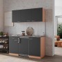 Respekta Küchenzeile KB150BG, 150 cm, Grau/Buche Nachbildung mit Spüle, Kochfeld und Kühlschrank.