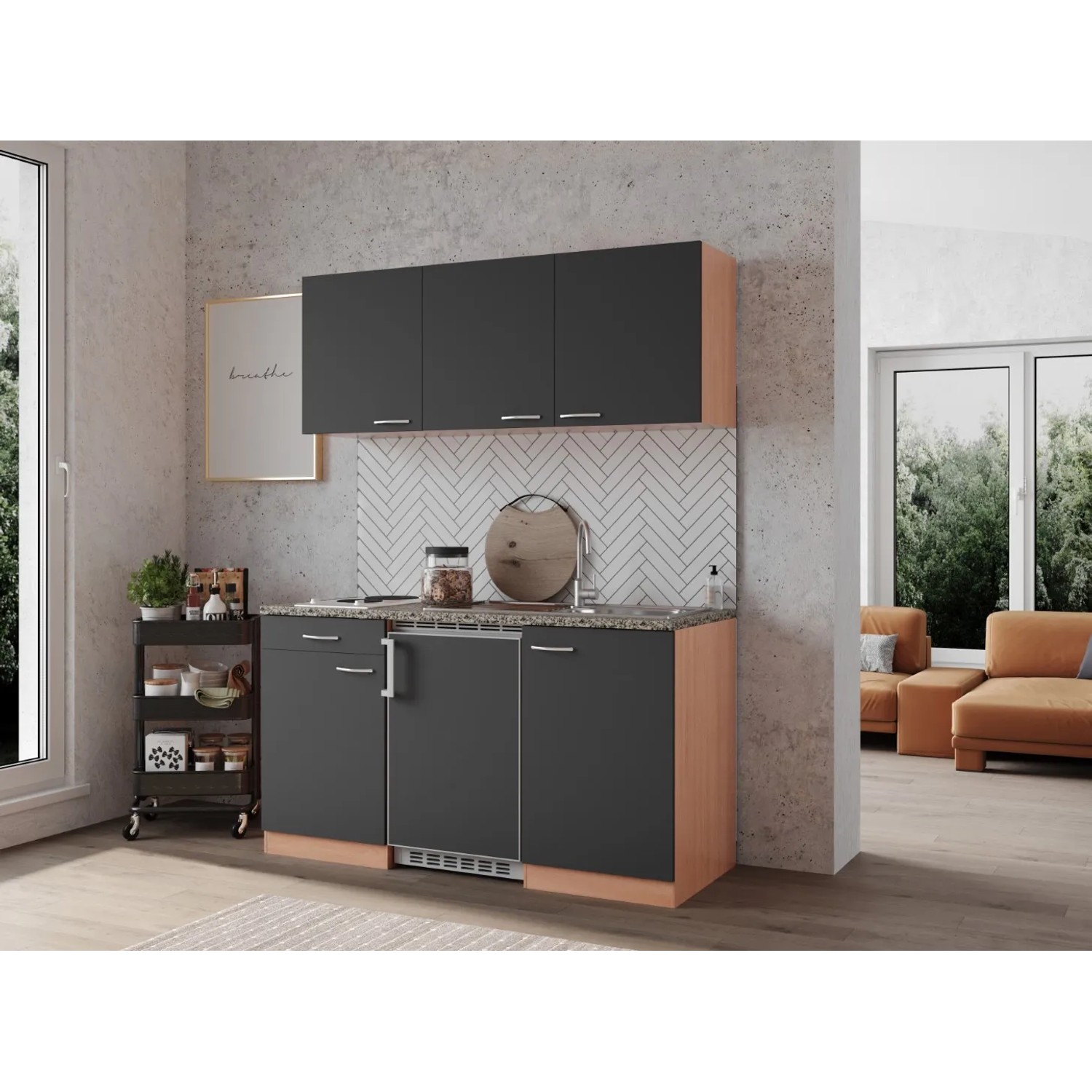 Respekta Küchenzeile KB150BG, 150 cm, Grau/Buche Nachbildung mit Spüle, Kochfeld und Kühlschrank.