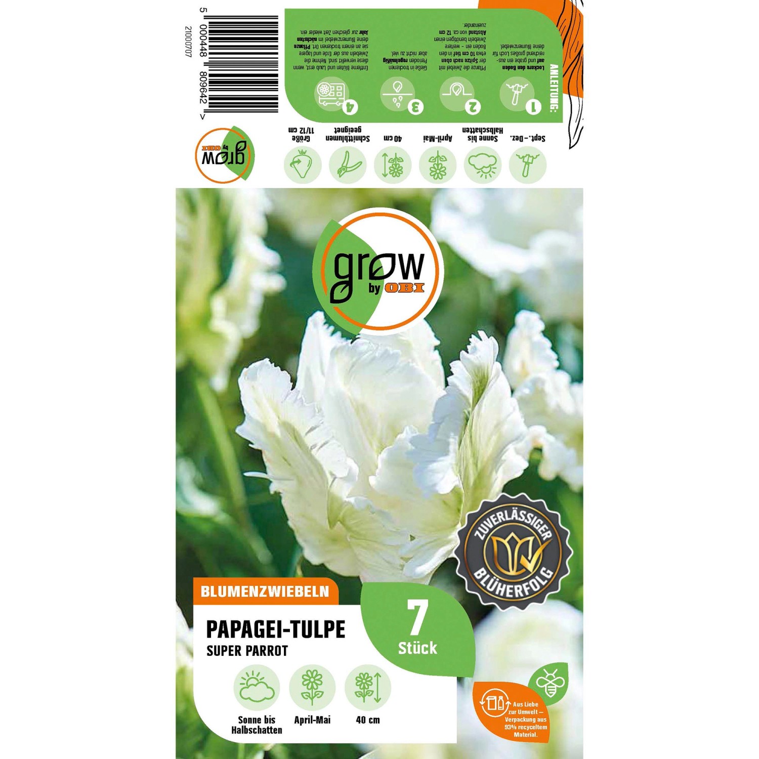 Verpackung GROW by OBI Papagei-Tulpe Super Parrot, weiße Blüten, 7 Stück. Blumenzwiebeln für Beet und Kübel.