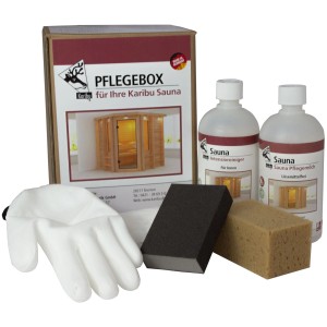 Karibu Saunazubehör Pflegebox für Innen: Reiniger, Milch, Schwämme und Handschuhe für die Saunapflege.