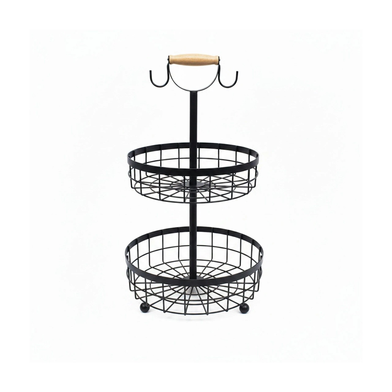 Relaxdays Obstkorb Etagere Metall Schwarz Zweistöckig mit Holzgriff und Haken 53 cm x 28,5 cm 1,5 kg