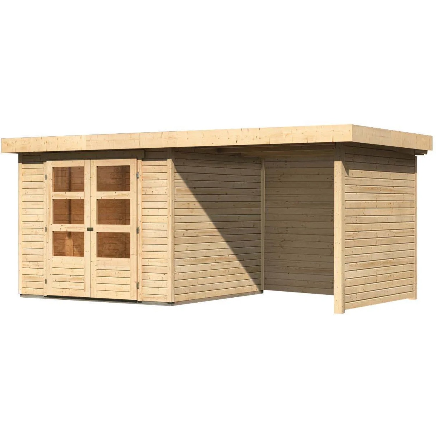 Karibu Holz-Gartenhaus Boras mit Flachdach und Anbau, unbehandelt.
