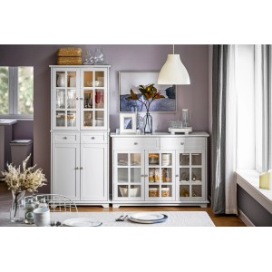 SoBuy Küchenschrank Hochschrank und Sideboard FSB76-W, weiß, mit Glasfronten und Schubladen.