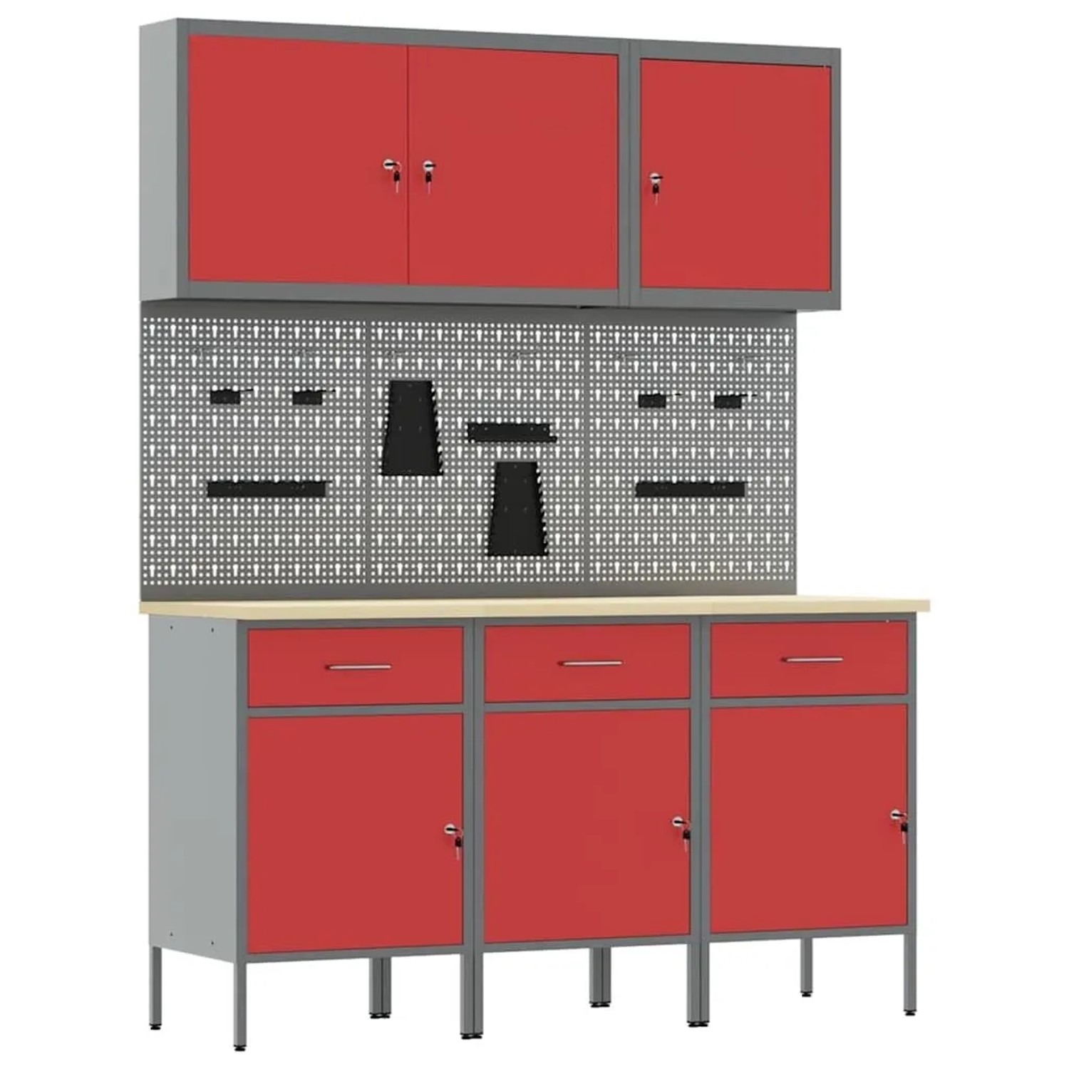 vidaXL Werkbank mit Schubladen 8-Tlg Rot Ingenieure Holz und Stahl 3321429