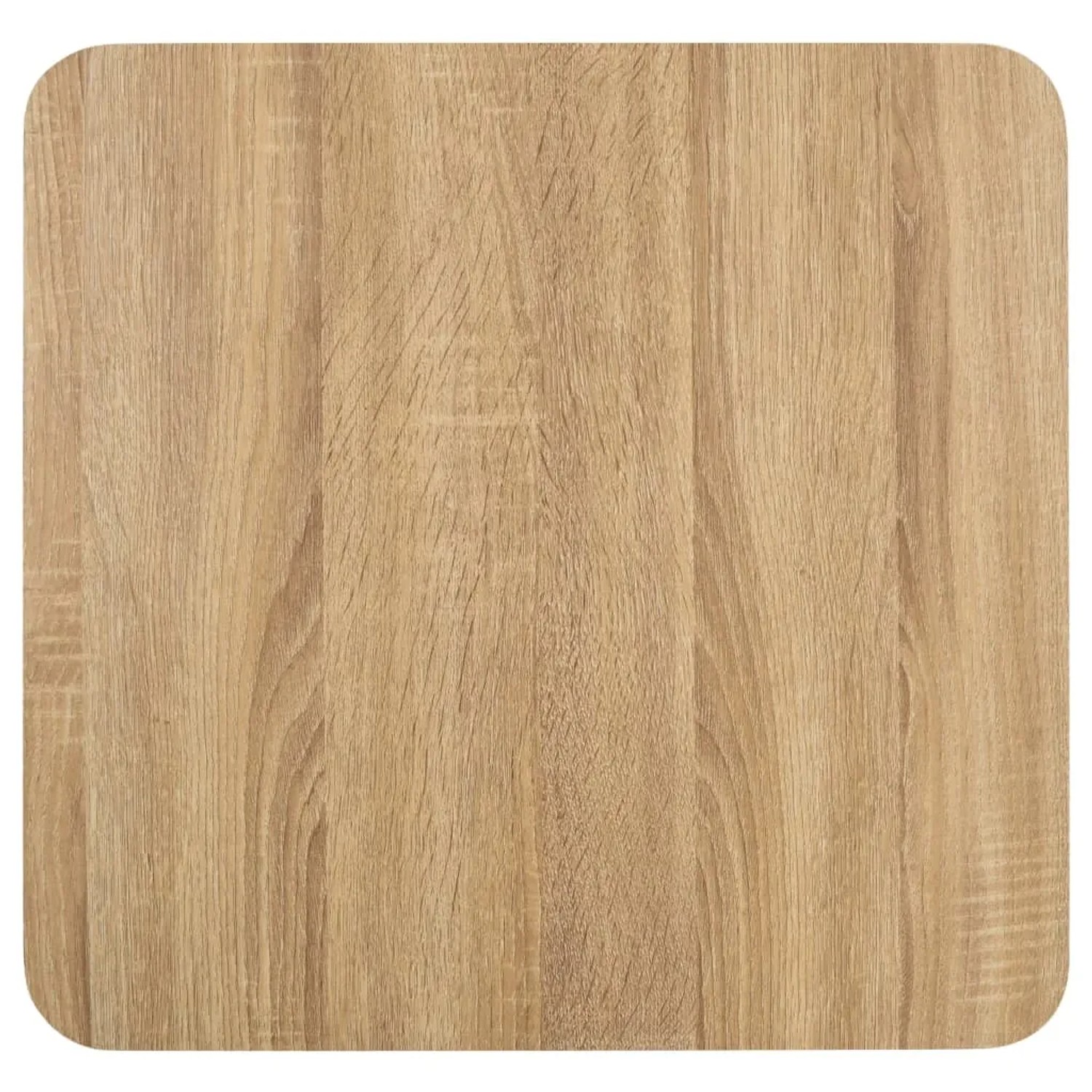 Quadratische Tischplatte des Bistrotischs in Hellbraun mit Holzmaserung.