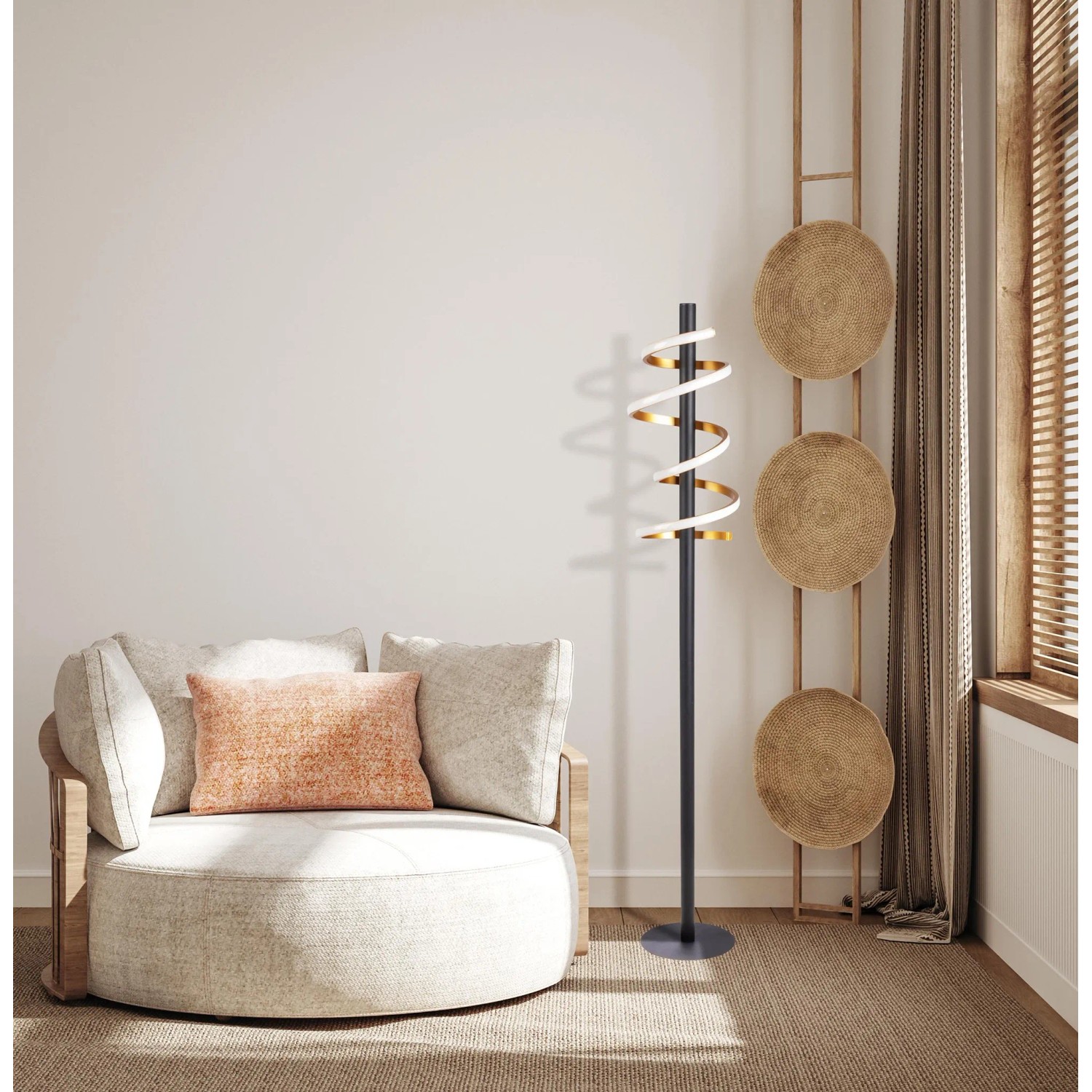 Moderne LED-Stehleuchte Belleza in Gold und Schwarz, 140 cm hoch, für stimmungsvolle Beleuchtung.