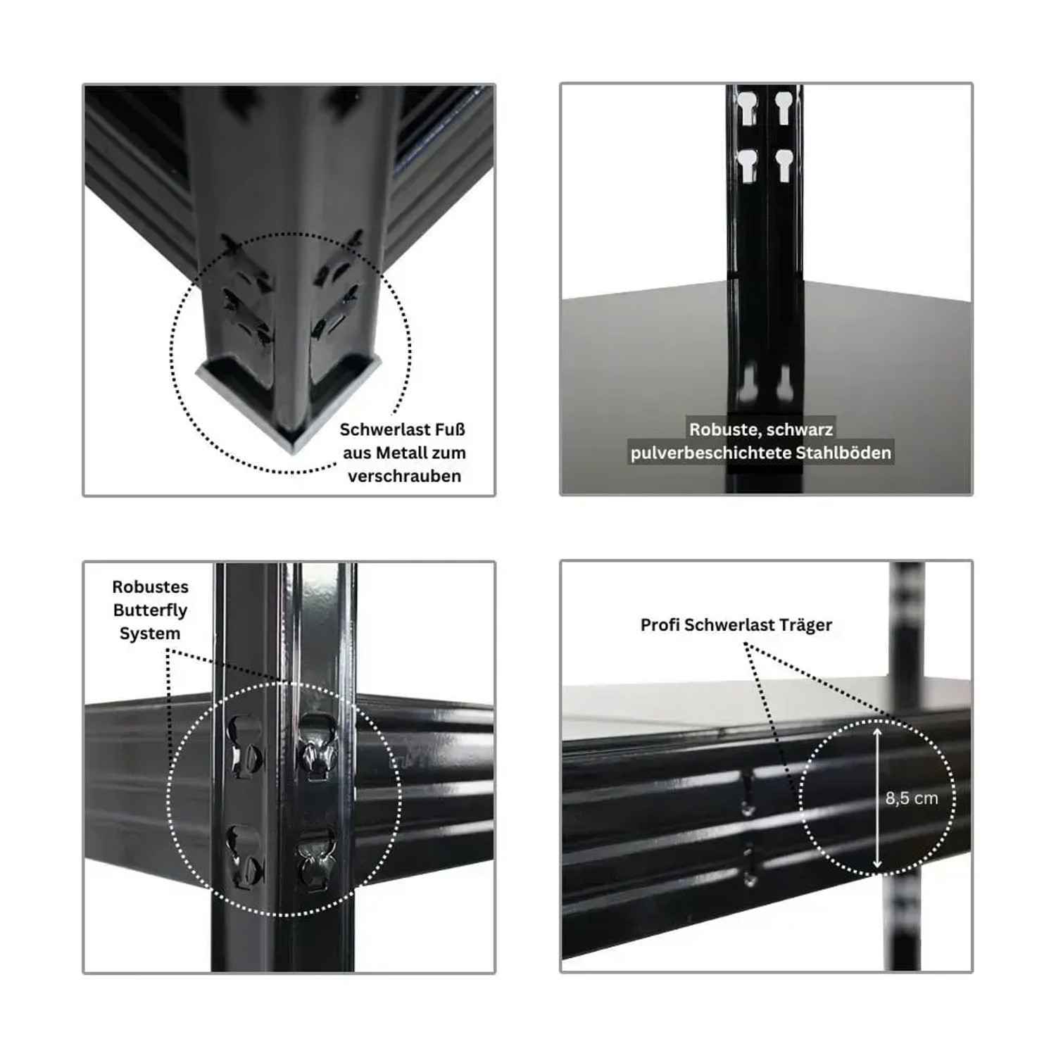 Detailansichten des schwarzen PROREGAL Schwerlastregals: Fuß, Stahlboden, Butterfly-System und Träger.