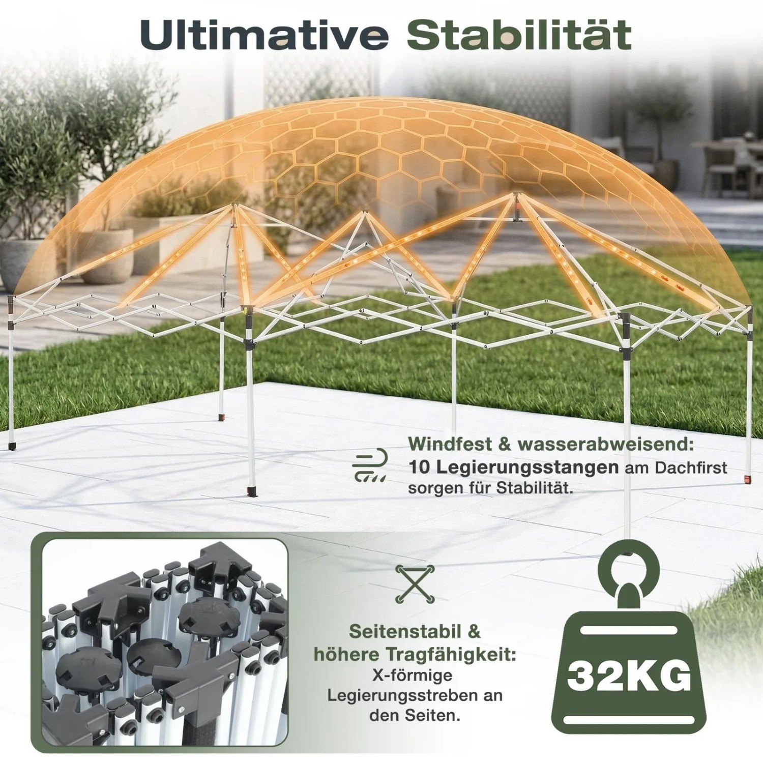 Sekey Faltpavillon 3x6m Gestell mit X-förmigen Legierungsstreben. Robustes Pop Up Gestell für hohe Stabilität und Windfestigkeit.