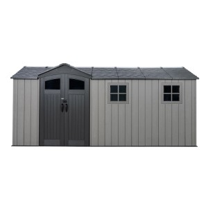 Graues Lifetime Gerätehaus Idaho mit Doppeltür und Fenstern. Kunststoff-Gartenhaus mit Satteldach.