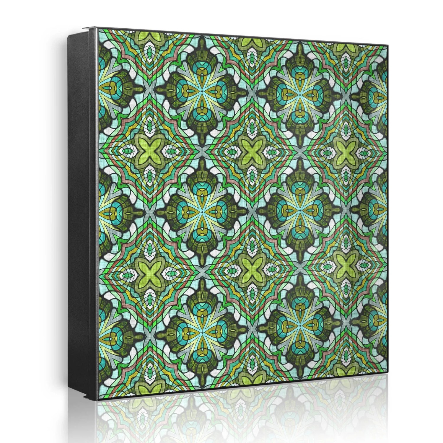Banjado Großer Schlüsselkasten Metall 30x30cm Schwarz Scharnier Links 50 Haken Beschreibbar Magnetisch Motiv Grünes Muster