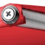 Detailaufnahme: Roter Schneider Marktschirm, Stoffbefestigung mit Schraube am Aluminiumgestell.
